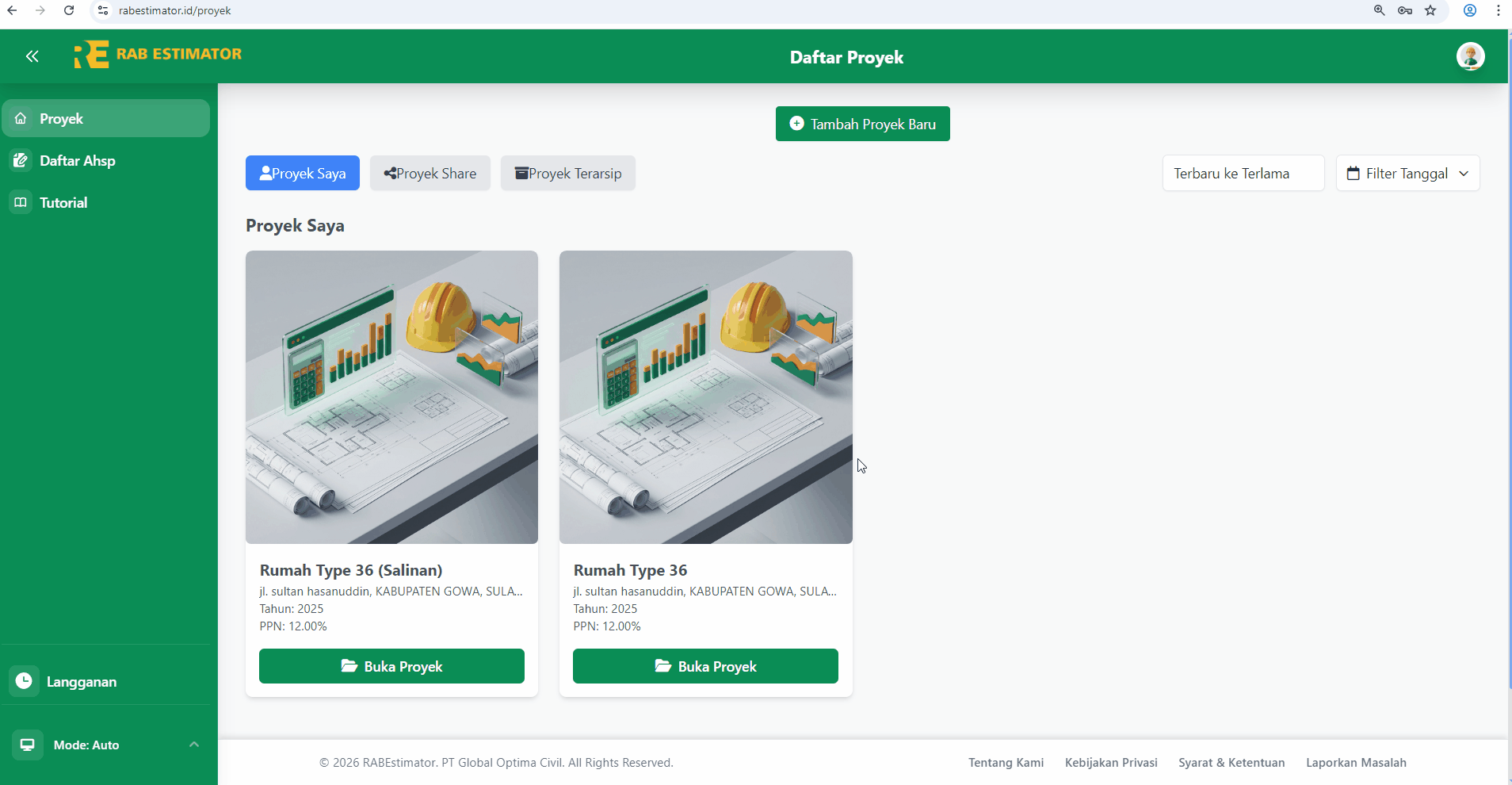 Modal edit proyek dengan data terisi