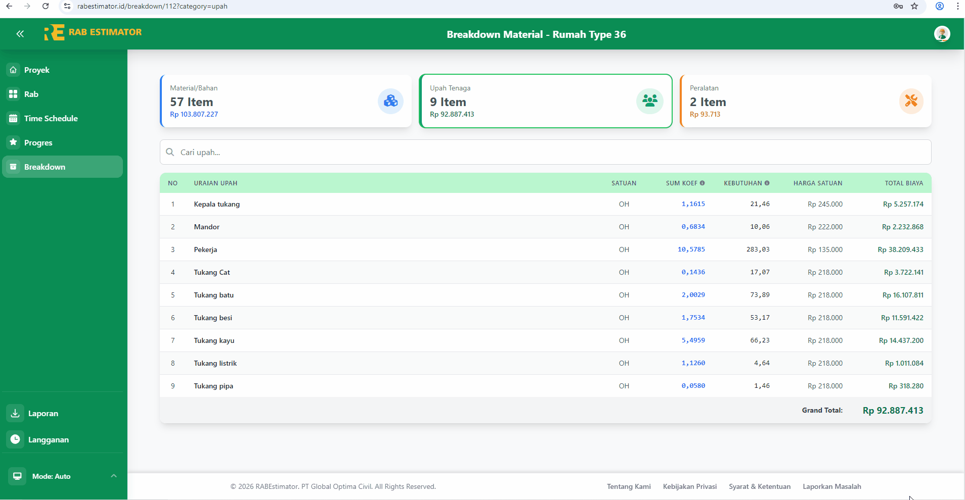 Modal detail breakdown